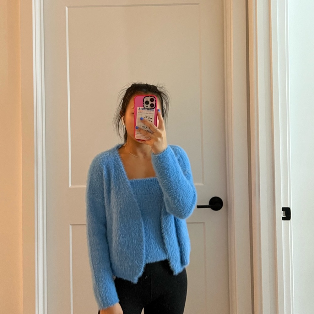 Blue Fuzzy Cardigan Tube Top Set